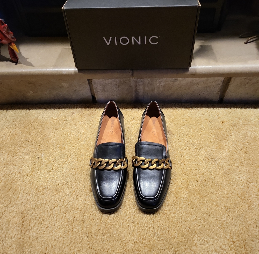 Vionic Black Leather Loafers with Gold Chain Accent
